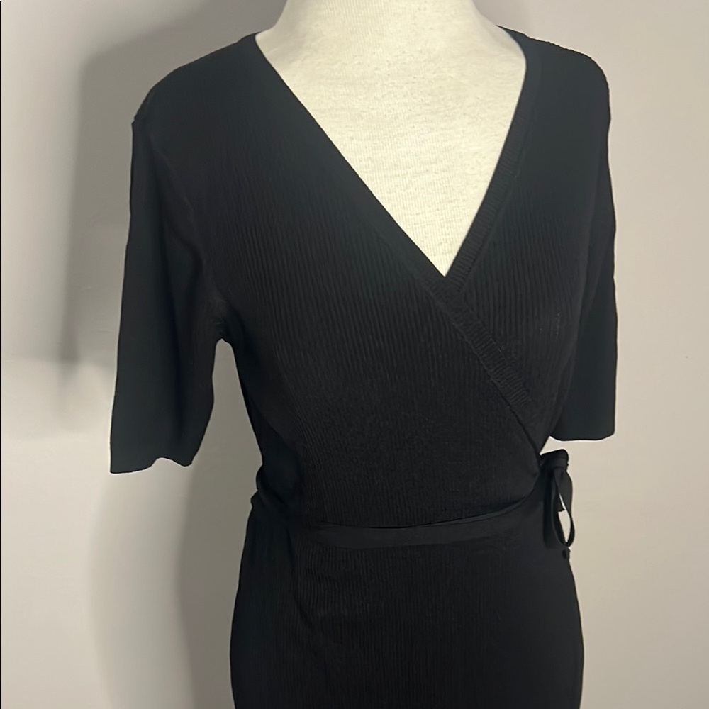 All Row Black Ribbed Midi Wrap Dress - Picture 3 of 7